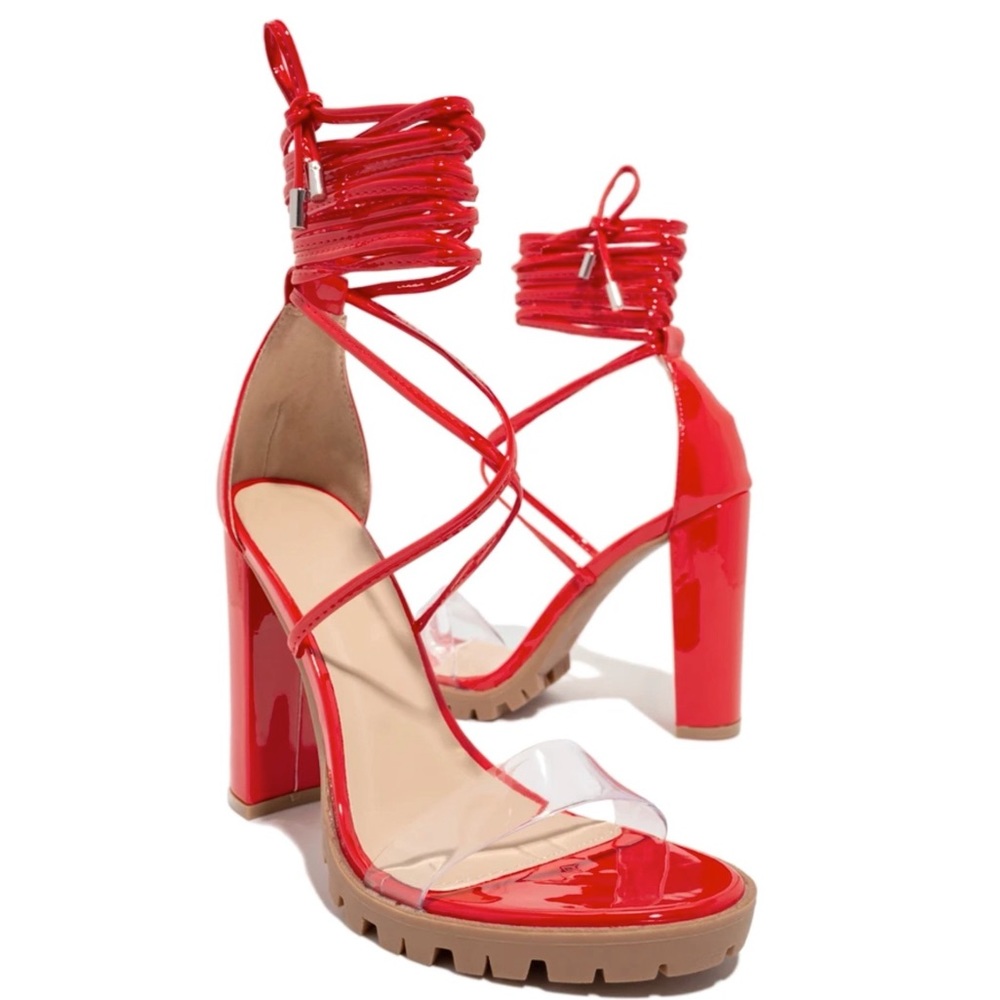 Red Clear Strap Lace Up Block Heels - Picture 2 of 8